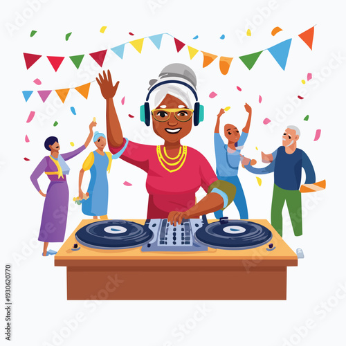 Elderly woman dj entertaining at celebration with friends