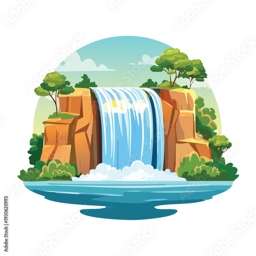 Cartoon waterfall cascading over rock cliffs with trees and water