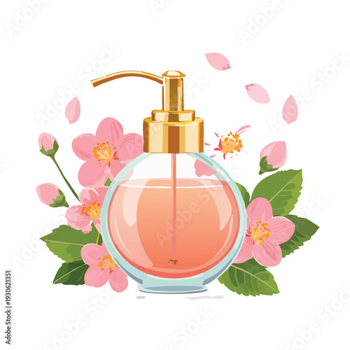 Cosmetic dispenser with pink liquid and floral elements