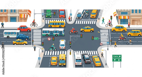 City Street with Taxis and Pedestrians.