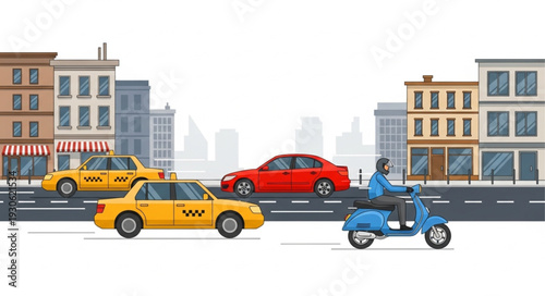 City Street with Taxis and Scooter.