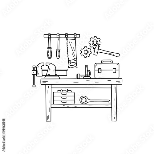 Organized Workbench with Tools and Gear in a Workshop Setting