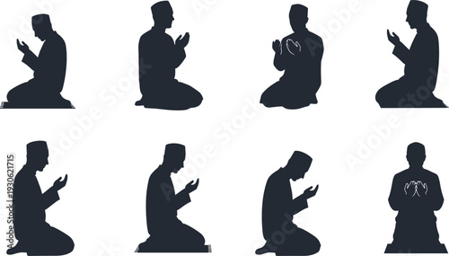 Islamic prayer silhouettes, kneeling worship positions, traditional attire, faith practice, worship ritual, religious illustration, cad drawing flat vector illustration
