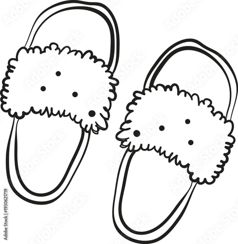 Hand drawn illustration of cute cartoon slippers with furry straps