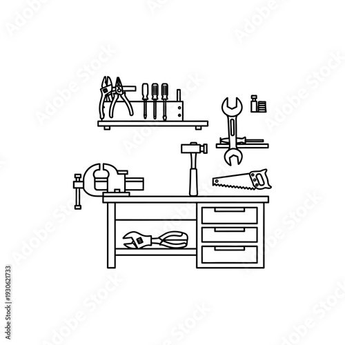 Organized Workshop Workbench with Tools and Equipment for Maintenance and Repairs