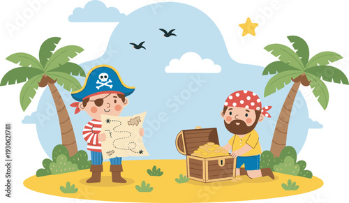 Cute pirate kids finding treasure chest on tropical island, palm trees and map, cad drawing flat vector illustration, isolated on white.