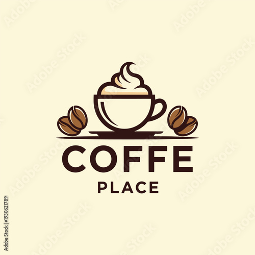 Coffee Place Logo - A Delicious Cup of Coffee with Coffee Beans.