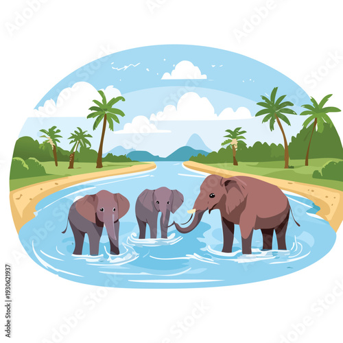 Family of elephants wading in river surrounded by tropical vegetation