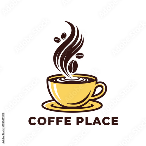 Coffee cup logo design with steam and coffee beans, perfect for cafe branding.