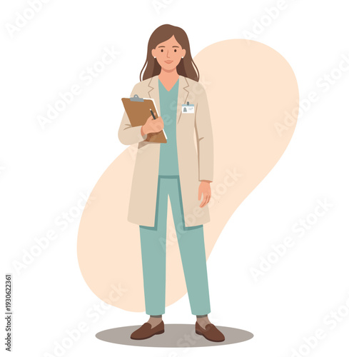 Female doctor flat vector illustration. Woman in medical blue uniform. Nurse, therapist, specialist cartoon character. Medic, general practitioner  stock illustration