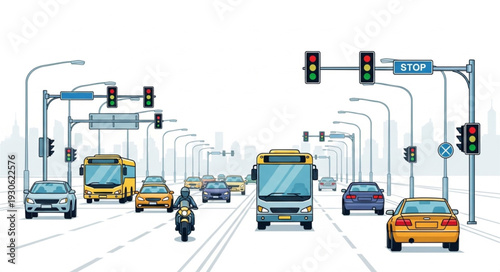 City Street with Vehicles and Traffic Lights.