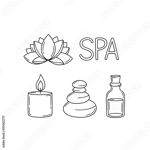 Serene Spa Setting with Lotus Flower Candle Stones and Aromatherapy Bottles