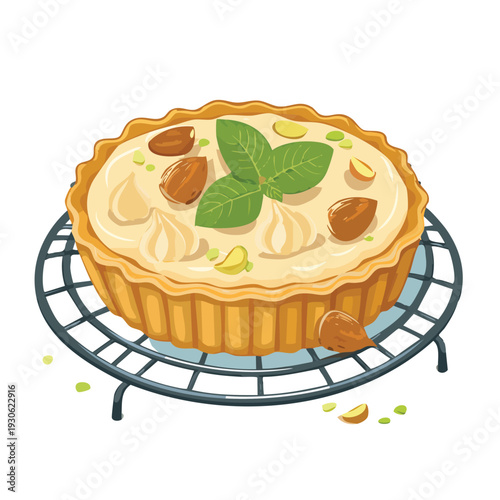 Delicious dessert tart with nuts and basil on cooling rack