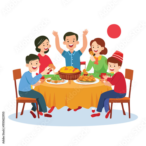 Family gathering around a table enjoying food and celebrating