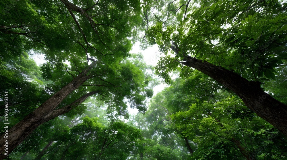 Fototapeta premium Looking up through a dense green forest canopy towards the sky with tall trees and lush leaves