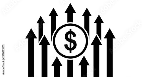 Dollar Sign Surrounded by Multiple Upward Arrows Icon Representing Significant Financial Growth and Profit on Isolated White Background