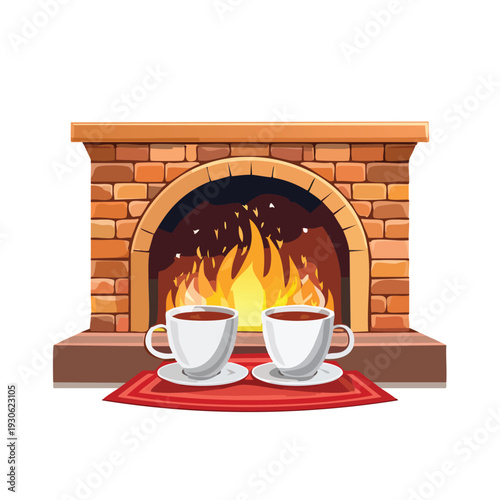 Cozy fireplace with two cups of tea for warmth and comfort