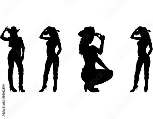 Four black silhouettes of women in cowboy hats and boots posing in various styles, representing western fashion and lifestyle.