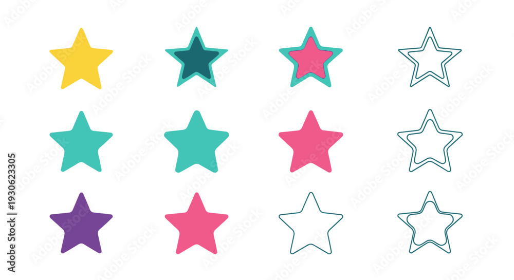 Obraz premium Colorful Star Rating Icons Set on Isolated White Background