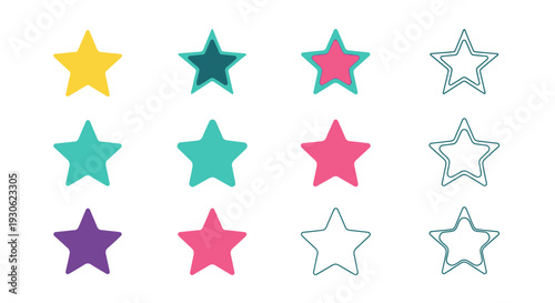 Colorful Star Rating Icons Set on Isolated White Background