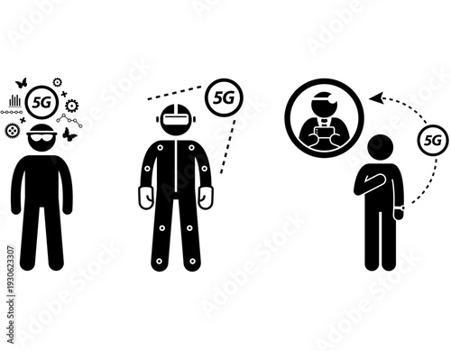 Three stick figures illustrate various applications of 5G technology, including virtual reality, augmented reality, and remote human interaction with digital avatars.