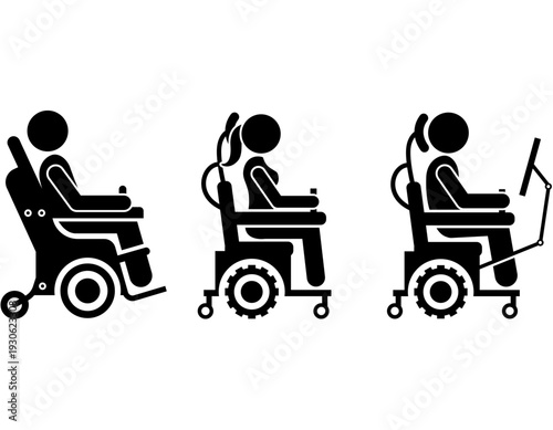 Three black silhouette stick figures in various electric wheelchairs, illustrating different types of mobility aids and assistive technology.