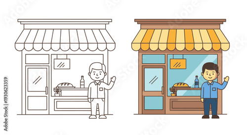 Friendly male baker or shop owner standing proudly outside his charming small business storefront, presented in both outline and colored cartoon styles on isolated white background.