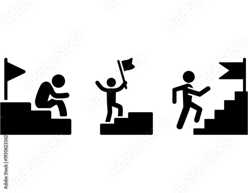 A series of three stick figures depicting different stages of a journey towards a goal, including failure, triumph, and overcoming obstacles.