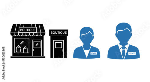 Collection of boutique storefront and staff avatars in black and blue, representing small retail businesses and their team on isolated white background.