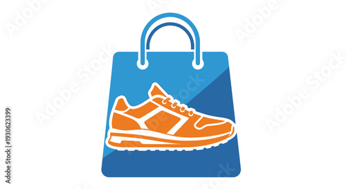 Blue shopping bag with an orange running sneaker inside, representing sports footwear retail on isolated white background.