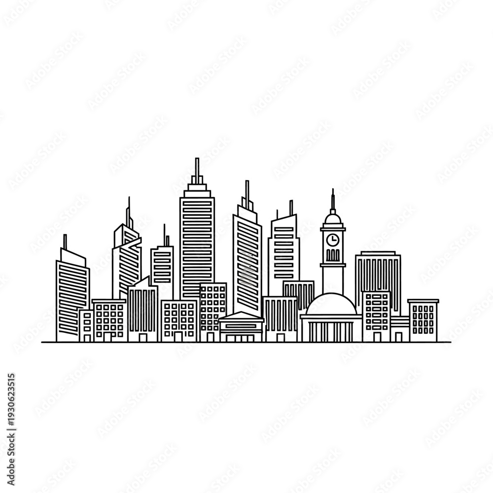 Fototapeta premium Modern City Skyline Illustration Featuring Skyscrapers and Urban Architecture