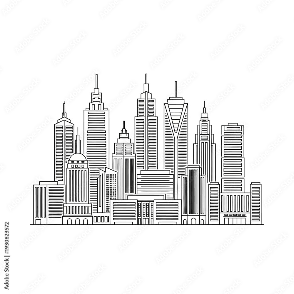 Fototapeta premium Modern City Skyline Illustration Featuring Skyscrapers and Urban Architecture