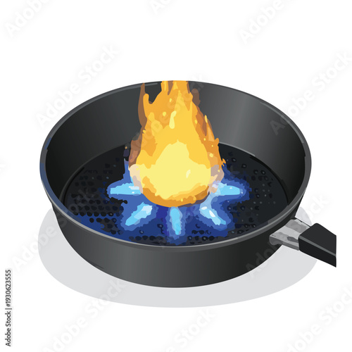 Cooking pan with flames on a white background