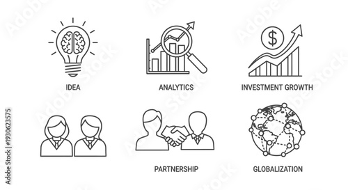 Business Strategy and Growth Line Icons Set with Text on Isolated White Background