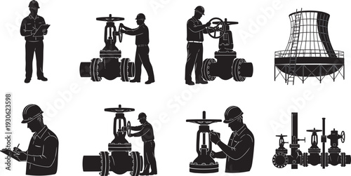 Professional industrial workers operating oil and gas valves, engineer silhouettes, energy industry equipment, cad drawing flat vector illustration, isolated on white.