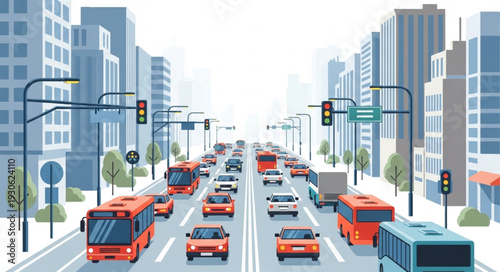 City Traffic with Buses and Cars.