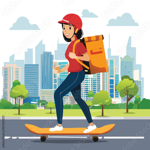 Delivery person skateboarding in urban park scene