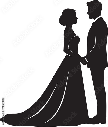 Bride and groom silhouette holding hands facing each other in romantic pose for wedding stationery and anniversary card design
