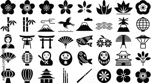 Japanese traditional icon set (Flower, Nature, Food, pattern, etc