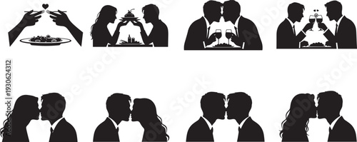Romantic couple silhouettes having dinner, kissing and dating, man and woman in love, cad drawing flat vector illustration, isolated on white.