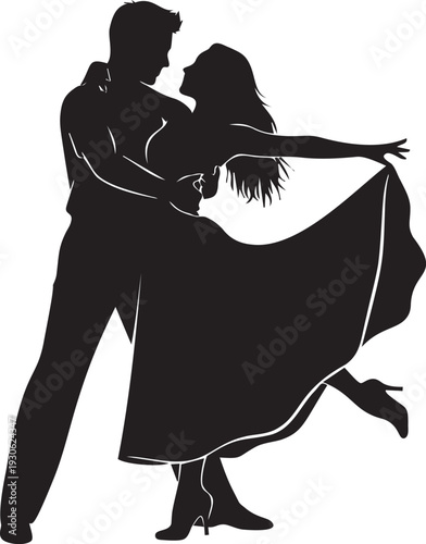 Silhouette of a couple dancing romantically, the woman in a flowing dress, set against a transparent checkered background