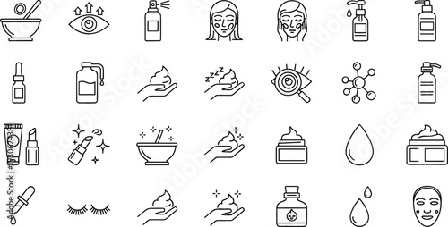 Skincare and Beauty Line Icon Set with Face Mask, Serum, Cream, Lotion, Cleanser, Eyelashes, and Cosmetic Treatment Outline Symbols