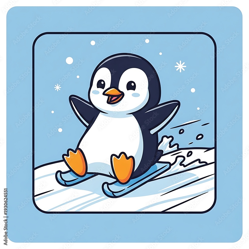 Obraz premium Cartoon penguin skiing on snowy slope
