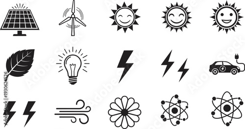 Set of renewable energy icons, solar panels, wind turbines, electric cars, lightning bolts, cad drawing flat vector illustration, isolated on white.