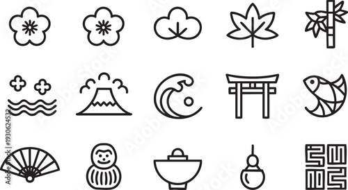 Japanese traditional icon set (Flower, Nature, Food, pattern, etc