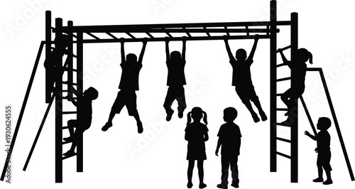 Children playing on playground climbing frame silhouette illustration showing kids hanging, climbing and enjoying outdoor recreation and active childhood lifestyle