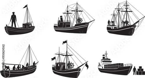Set of vintage fishing boats and cargo ships, sailors at sea, maritime transport icons, cad drawing flat vector illustration, isolated on white.