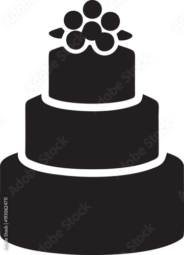 Three tier cake with berries on top black silhouette vector illustration isolated on transparent background design