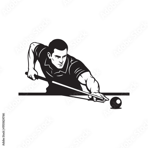 Billiard player aiming at ball with cue stick silhouette vector illustration
