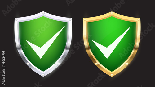 Gold and Silver Security Shield with Green Check Mark. Encryption, Antivirus and Cybersecurity Protection Vector Illustration